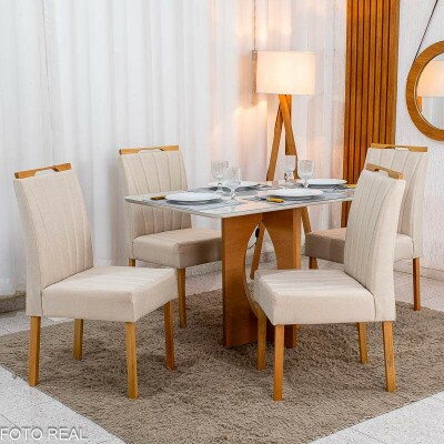 Mesa de Jantar Madrid 120x80 Vidro Off Base MDF Minas Plac + 4 Cadeiras Gabi Linho Bege Claro A Bom Lar - Entregue Montada