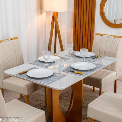 Mesa de Jantar Madrid 120x80 Vidro Off Base MDF Minas Plac + 4 Cadeiras Gabi Linho Bege Claro A Bom Lar - Entregue Montada