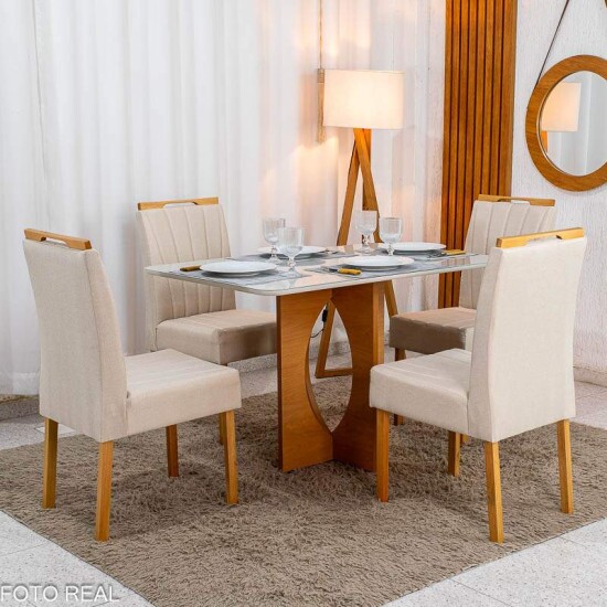 Mesa de Jantar Madrid 120x80 Vidro Off Base MDF Minas Plac + 4 Cadeiras Gabi Linho Bege Claro A Bom Lar - Entregue Montada