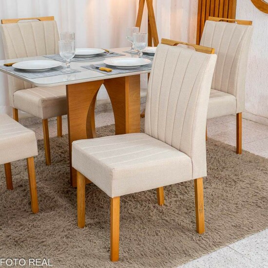 Mesa de Jantar Madrid 120x80 Vidro Off Base MDF Minas Plac + 4 Cadeiras Gabi Linho Bege Claro A Bom Lar - Entregue Montada