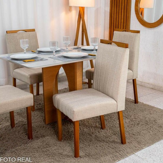 Mesa de Jantar Madrid 120x80 Vidro Off Base MDF Minas Plac + 4 Cadeiras Isabela Linho Bege 01 Madeira KM Decor - Entregue Montada