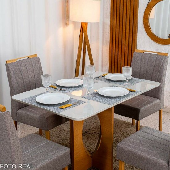 Mesa de Jantar Madrid 120x80 Vidro Off Base MDF Minas Plac + 4 Cadeiras Gabi Linho Marrom Madeira Bom Lar - Entregue Montada