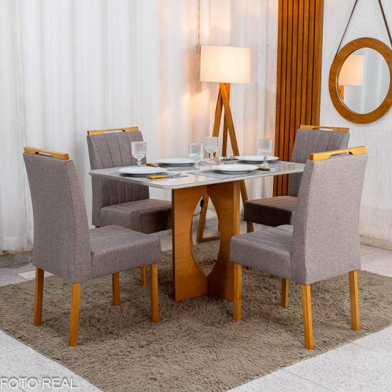 Mesa de Jantar Madrid 120x80 Vidro Off Base MDF Minas Plac + 4 Cadeiras Gabi Linho Marrom Madeira Bom Lar - Entregue Montada