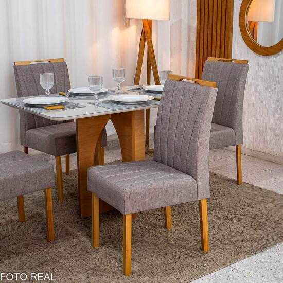 Mesa de Jantar Madrid 120x80 Vidro Off Base MDF Minas Plac + 4 Cadeiras Gabi Linho Marrom Madeira Bom Lar - Entregue Montada