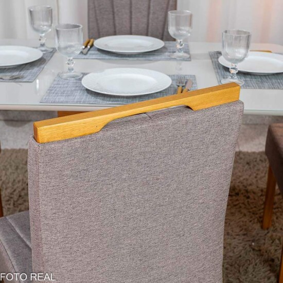 Mesa de Jantar Madrid 120x80 Vidro Off Base MDF Minas Plac + 4 Cadeiras Gabi Linho Marrom Madeira Bom Lar - Entregue Montada