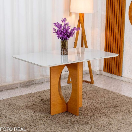 Mesa de Jantar Madrid 120x80 Vidro Off Base MDF Minas Plac + 4 Cadeiras Gabi Linho Marrom Madeira Bom Lar - Entregue Montada