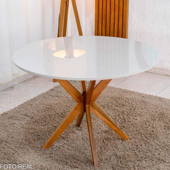 Mesa de Jantar Vegas 1.10m Redonda Vidro Off Base Madeira Minas Plac + 4 Cadeiras Gaia Corino Caramelo 300 - Prensar