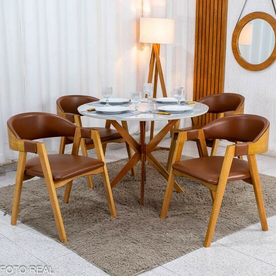 Mesa de Jantar Vegas 1.10m Redonda Vidro Off Base Madeira Minas Plac + 4 Cadeiras Gaia Corino Caramelo 300 - Prensar