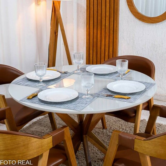 Mesa de Jantar Vegas 1.10m Redonda Vidro Off Base Madeira Minas Plac + 4 Cadeiras Gaia Corino Caramelo 300 - Prensar