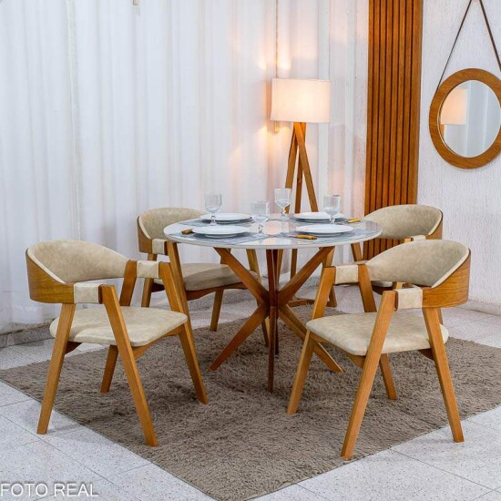 Mesa de Jantar Vegas Redonda 1,10m Vidro Off Base Madeira Minas Plac + 4 Cadeiras Gaia Corino Creme 307 Prensar
