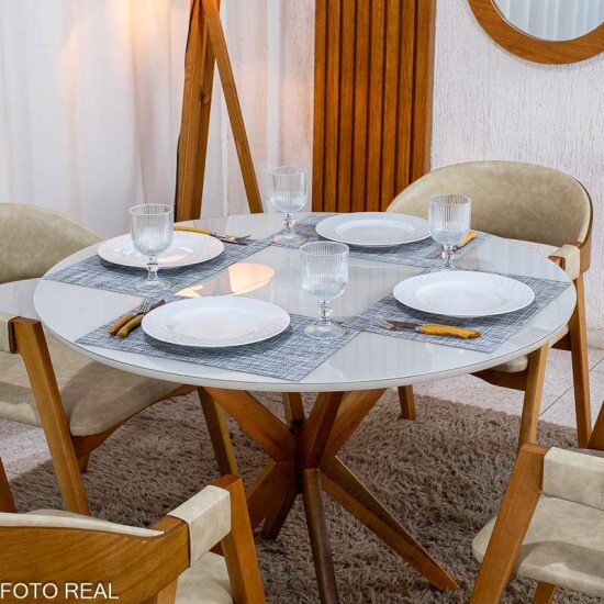 Mesa de Jantar Vegas Redonda 1,10m Vidro Off Base Madeira Minas Plac + 4 Cadeiras Gaia Corino Creme 307 Prensar