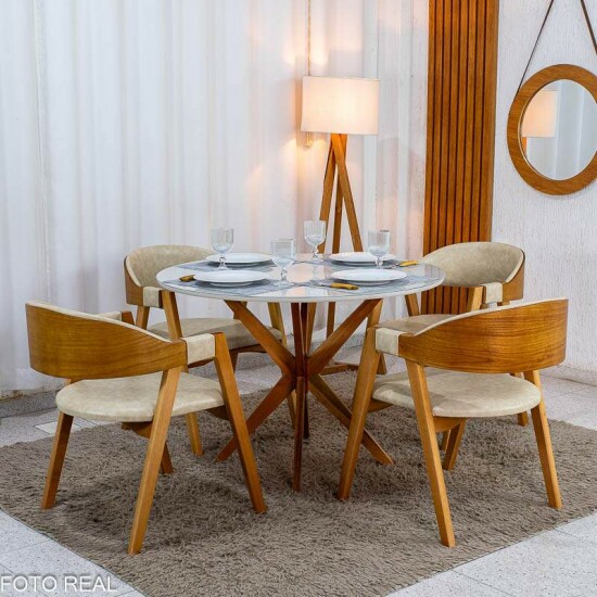 Mesa de Jantar Vegas Redonda 1,10m Vidro Off Base Madeira Minas Plac + 4 Cadeiras Gaia Corino Creme 307 Prensar