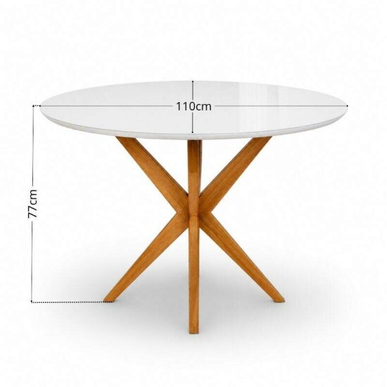 Mesa de Jantar Vegas Redonda 1,10m Vidro Off Base Madeira Minas Plac + 4 Cadeiras Gaia Corino Creme 307 Prensar