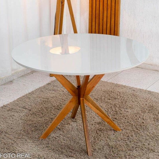 Mesa de Jantar Vegas Redonda 1,10m Vidro Off Base Madeira Minas Plac + 4 Cadeiras Gaia Corino Creme 307 Prensar