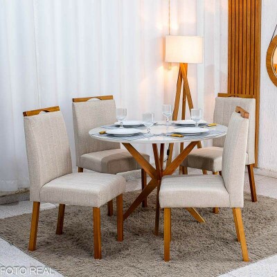 Mesa de Jantar Vegas 1,10m Redonda Vidro Off Base Minas Plac + 4 Cadeiras Isabela Linho Bege 01 KM Decor - Entregue Montada