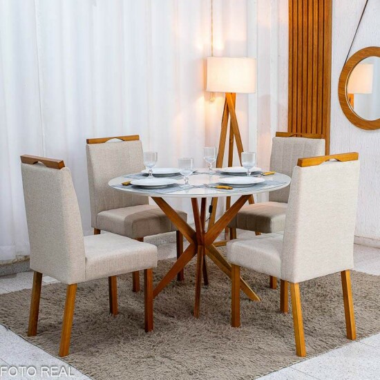 Mesa de Jantar Vegas 1,10m Redonda Vidro Off Base Minas Plac + 4 Cadeiras Isabela Linho Bege 01 KM Decor - Entregue Montada