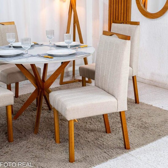 Mesa de Jantar Vegas 1,10m Redonda Vidro Off Base Minas Plac + 4 Cadeiras Isabela Linho Bege 01 KM Decor - Entregue Montada