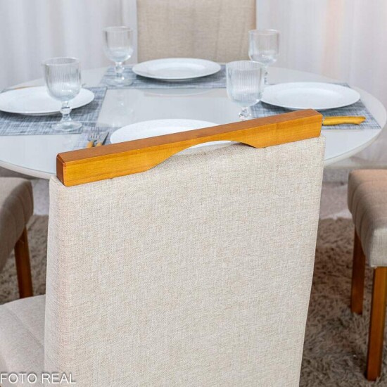 Mesa de Jantar Vegas 1,10m Redonda Vidro Off Base Minas Plac + 4 Cadeiras Isabela Linho Bege 01 KM Decor - Entregue Montada