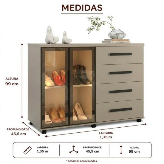 C�moda Lady Duna 1.35m 4 Gavetas 2 Porta Reflecta C/Led - JA M�veis