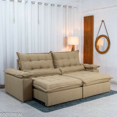 Sof� Retr�til Reclin�vel Zara 2,50m Linho Bege 1006 - Molas Ensacadas