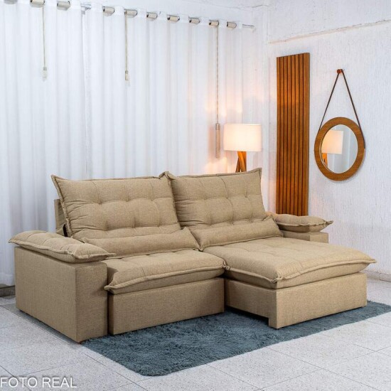 Sof� Retr�til Reclin�vel Zara 2,50m Linho Bege 1006 - Molas Ensacadas