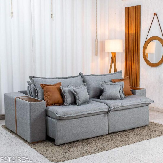 Sof� Retr�til Reclin�vel Emily 2.30m Linho Cinza Claro - Sem Caixa