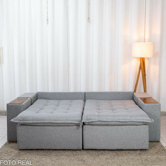 Sof� Retr�til Reclin�vel Emily 2.30m Linho Cinza Claro - Sem Caixa