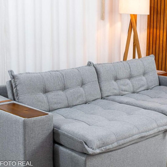Sof� Retr�til Reclin�vel Emily 2.30m Linho Cinza Claro - Sem Caixa