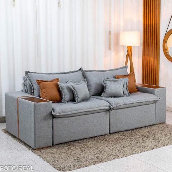 Sof� Retr�til Reclin�vel Emily 2.30m Linho Cinza Claro - Sem Caixa