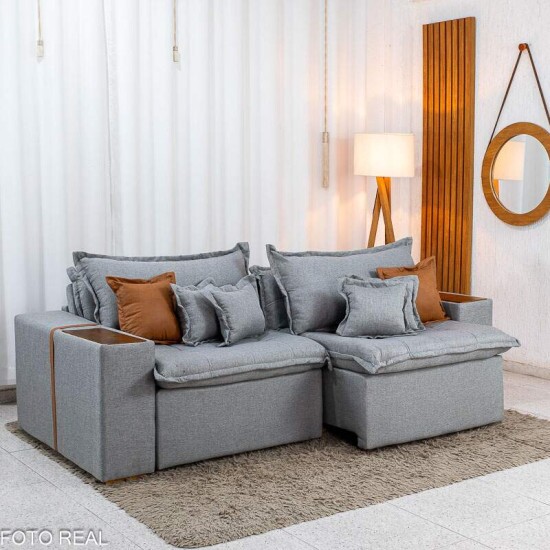 Sof� Retr�til Reclin�vel Emily 2.30m Linho Cinza Claro - Sem Caixa