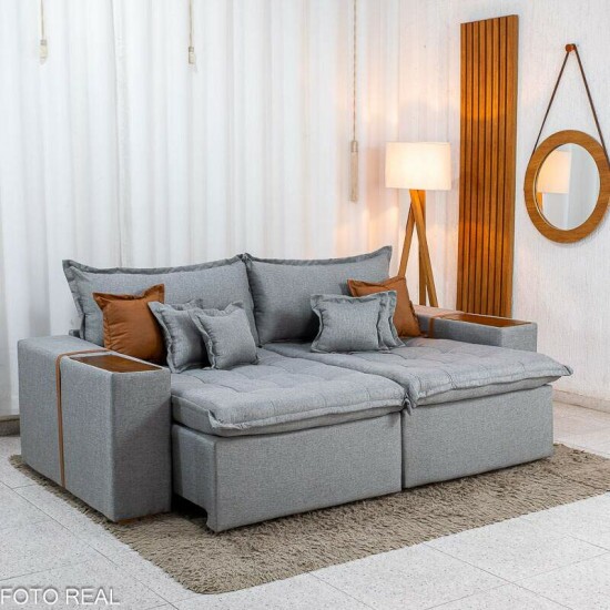 Sof� Retr�til Reclin�vel Emily 2.30m Linho Cinza Claro - Sem Caixa