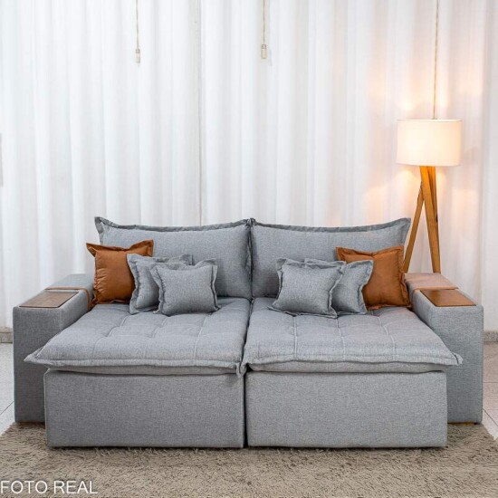 Sof� Retr�til Reclin�vel Emily 2.30m Linho Cinza Claro - Sem Caixa