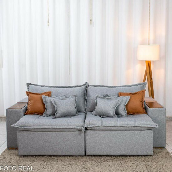 Sof� Retr�til Reclin�vel Emily 2.30m Linho Cinza Claro - Sem Caixa