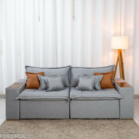 Sof� Retr�til Reclin�vel Emily 2.30m Linho Cinza Claro - Sem Caixa