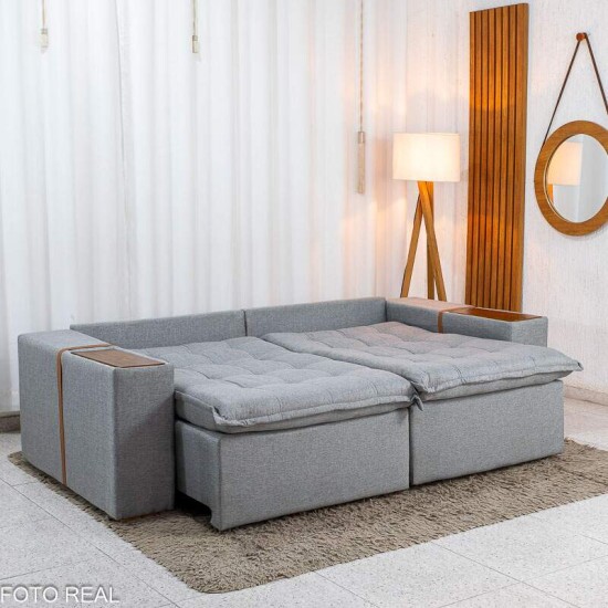 Sof� Retr�til Reclin�vel Emily 2.30m Linho Cinza Claro - Sem Caixa