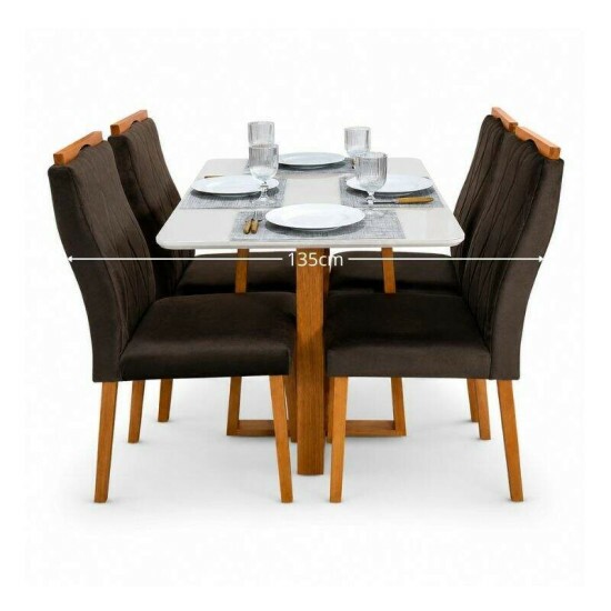 Mesa de Jantar Pedro 120x80 Vidro Off Base Madeira + 4 Cadeiras Lisboa Veludo Marrom 509 Madeira Art Assento - Entregue Montada