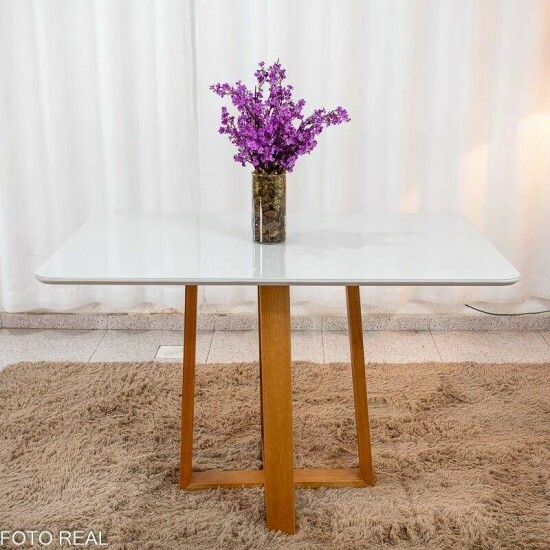 Mesa de Jantar Pedro 120x80 Vidro Off Base Madeira + 4 Cadeiras Lisboa Veludo Marrom 509 Madeira Art Assento - Entregue Montada