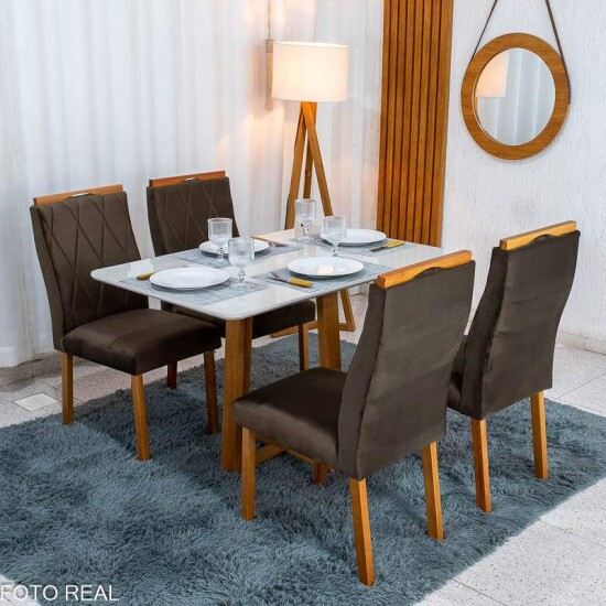 Mesa de Jantar Pedro 120x80 Vidro Off Base Madeira + 4 Cadeiras Lisboa Veludo Marrom 509 Madeira Art Assento - Entregue Montada