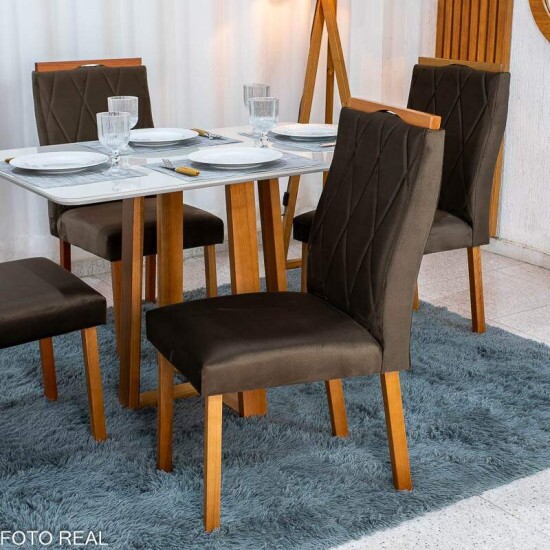 Mesa de Jantar Pedro 120x80 Vidro Off Base Madeira + 4 Cadeiras Lisboa Veludo Marrom 509 Madeira Art Assento - Entregue Montada