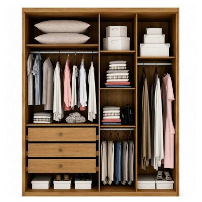 Modulado Guarda-roupa Rizon Cumaru Larg. 1.59m 4 Portas Reflecta C/ LED 3 Gavetas - Novo Horizonte
