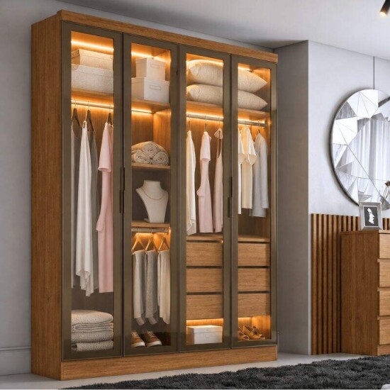 Modulado Guarda-roupa Rizon Cumaru Larg. 1.59m 4 Portas Reflecta C/ LED 3 Gavetas - Novo Horizonte