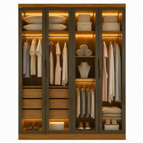 Modulado Guarda-roupa Rizon Cumaru Larg. 1.59m 4 Portas Reflecta C/ LED 3 Gavetas - Novo Horizonte