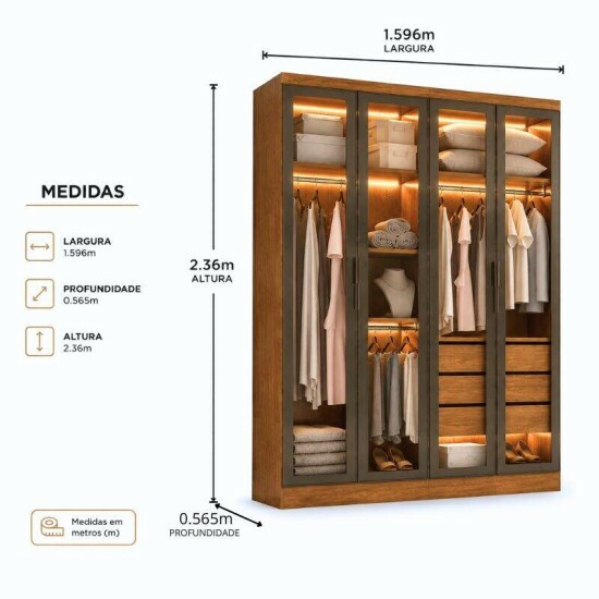 Modulado Guarda-roupa Rizon Cumaru Larg. 1.59m 4 Portas Reflecta C/ LED 3 Gavetas - Novo Horizonte