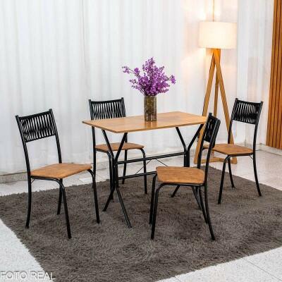 Mesa de Cozinha Atenas 90x58 Tampo Madeirado Base Nexus Preto + 4 Cadeiras Assento Corino Marrom - Tubo Minas