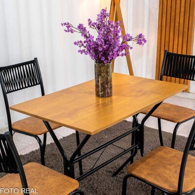 Mesa de Cozinha Atenas 90x58 Tampo Madeirado Base Nexus Preto + 4 Cadeiras Assento Corino Marrom - Tubo Minas