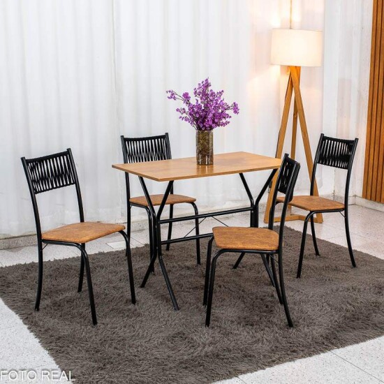 Mesa de Cozinha Atenas 90x58 Tampo Madeirado Base Nexus Preto + 4 Cadeiras Assento Corino Marrom - Tubo Minas