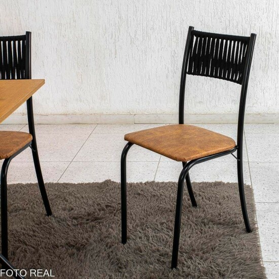 Mesa de Cozinha Atenas 90x58 Tampo Madeirado Base Nexus Preto + 4 Cadeiras Assento Corino Marrom - Tubo Minas