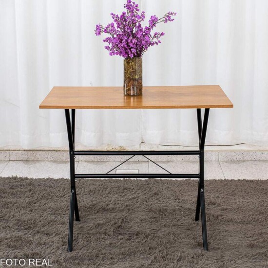 Mesa de Cozinha Atenas 90x58 Tampo Madeirado Base Nexus Preto + 4 Cadeiras Assento Corino Marrom - Tubo Minas