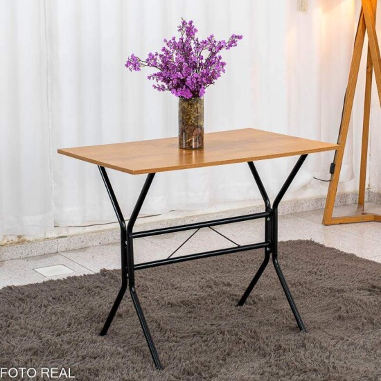Mesa de Cozinha Atenas 90x58 Tampo Madeirado Base Nexus Preto + 4 Cadeiras Assento Corino Marrom - Tubo Minas