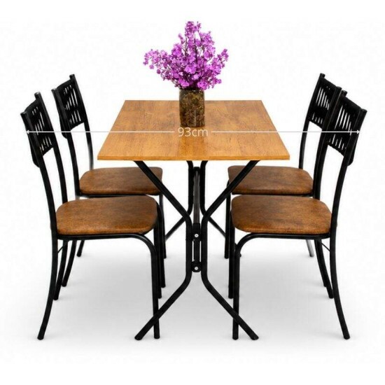 Mesa de Cozinha Atenas 90x58 Tampo Madeirado Base Nexus Preto + 4 Cadeiras Assento Corino Marrom - Tubo Minas